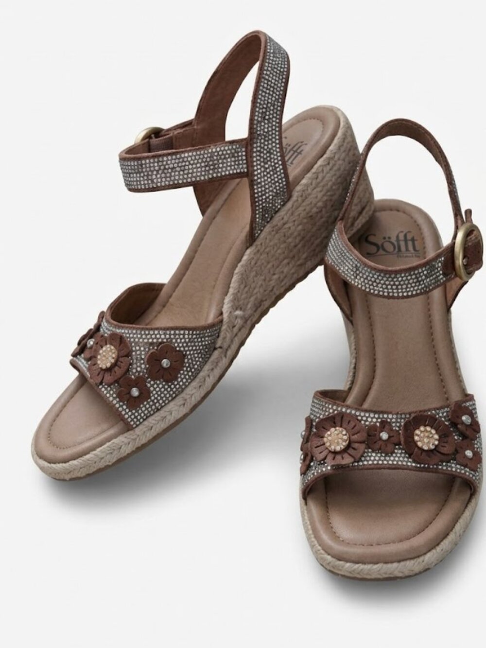 Söfft Cali Brown Leather Floral Studded Espadrille Wedge Sandals size 7.5M